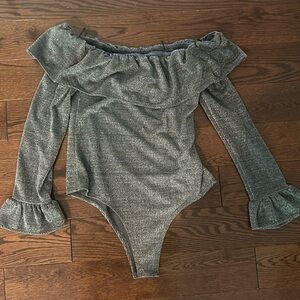 Endless rose top. Off shoulder bodysuit shirt. Metallic silver color. Large